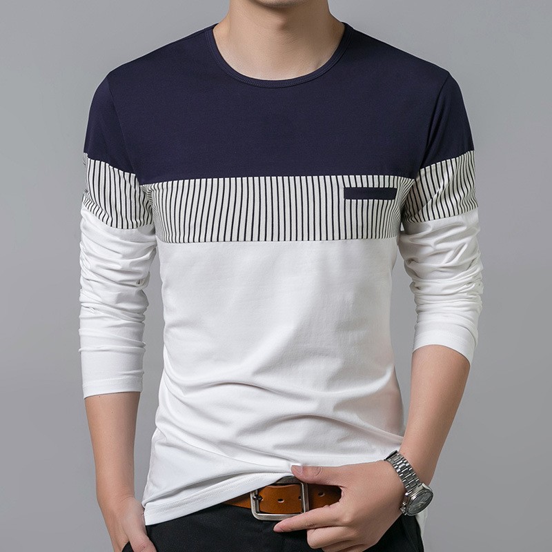 Men's Casual Round Neck Striped Thin Bottoming Shirt