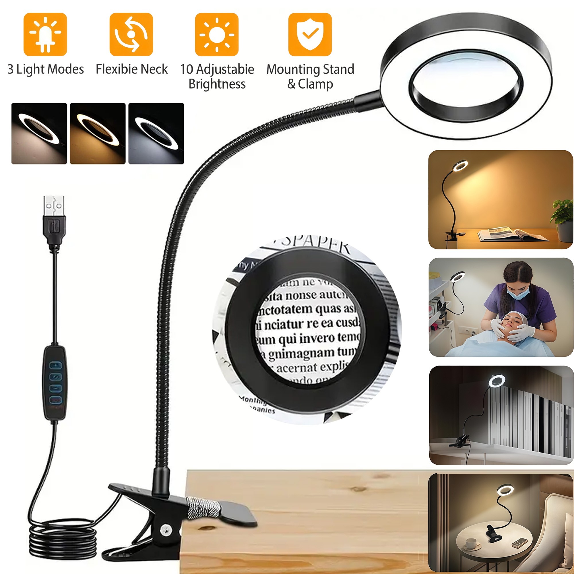 10X Magnifier Glass Reading LED Desk Lamp Flexible Clip On Magnifying Lamp NEW