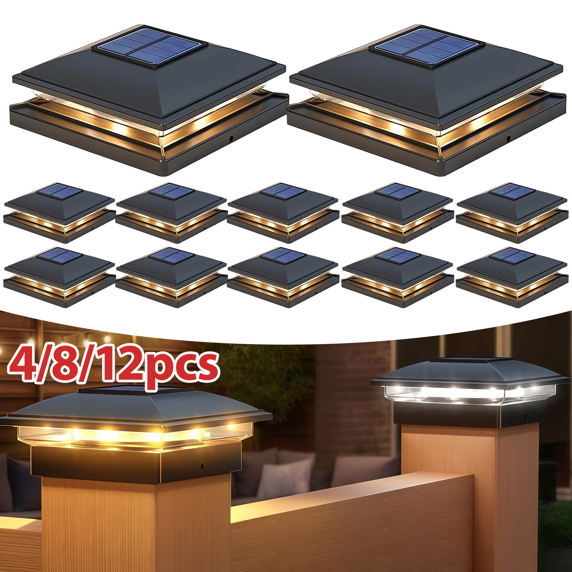 4/8/12 Pack LED Solar Post Lights Outdoor Deck Cap Fence Light PVC Vinyl 4x4 6x6