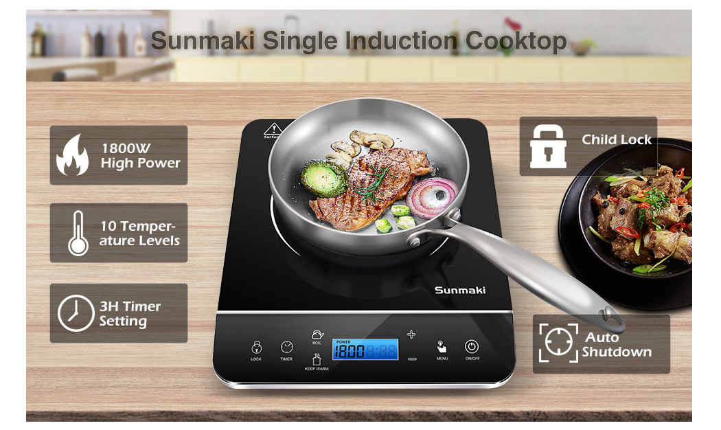Plaquede cuisson à induction simple Sunmaki 2000W,plaque à induction avec Capteur LCD tactile,10 niveaux de température,cristal noir poli surface,minuterie 4 heures 