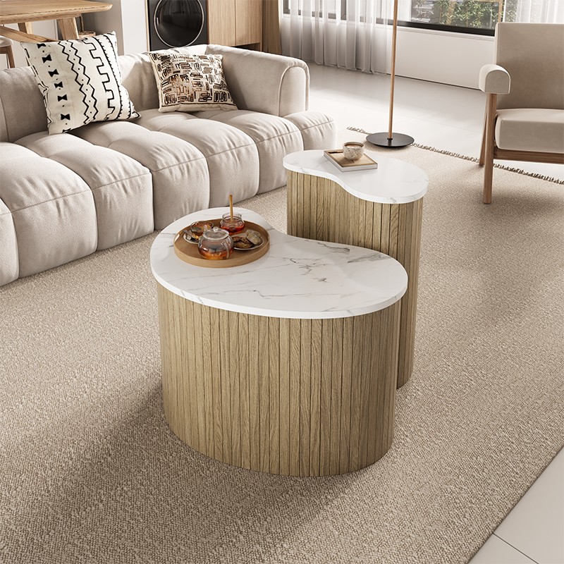 Détail plateau effet marbre et bois