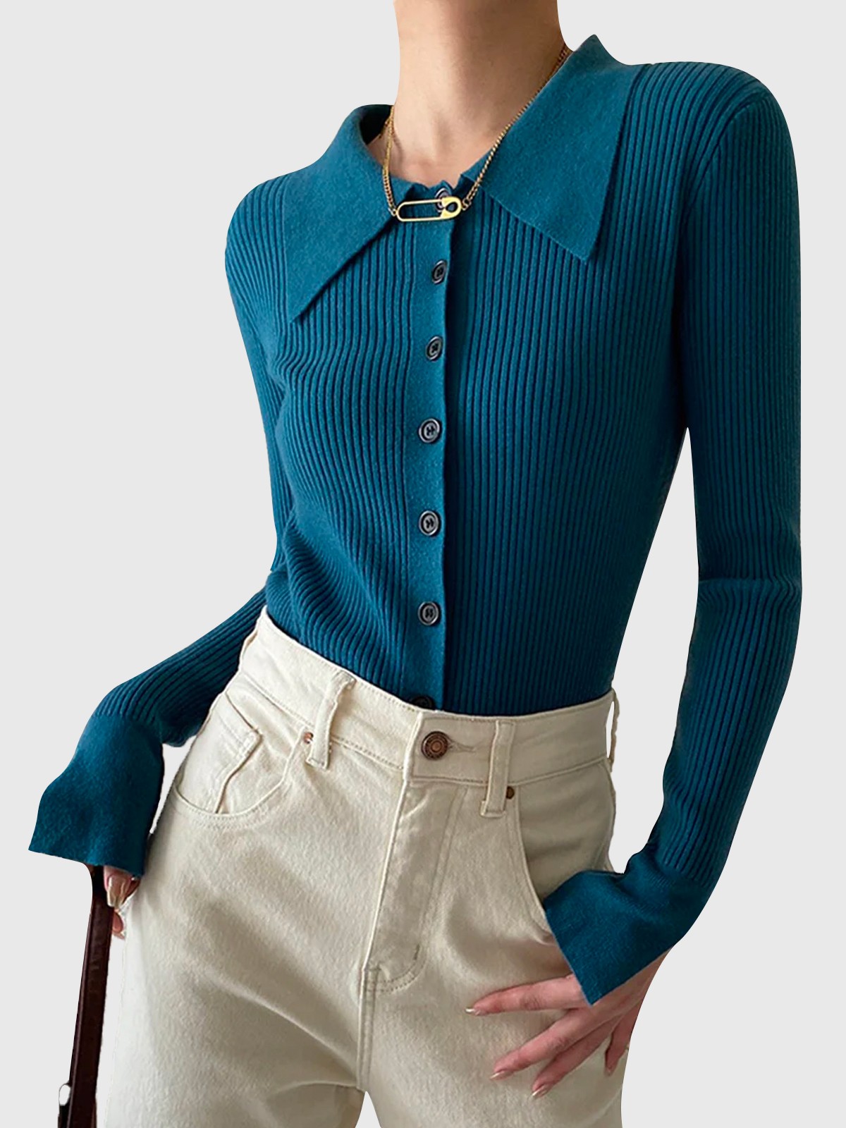 Slit-Cuff Ribbed Polo Slim Cardigan