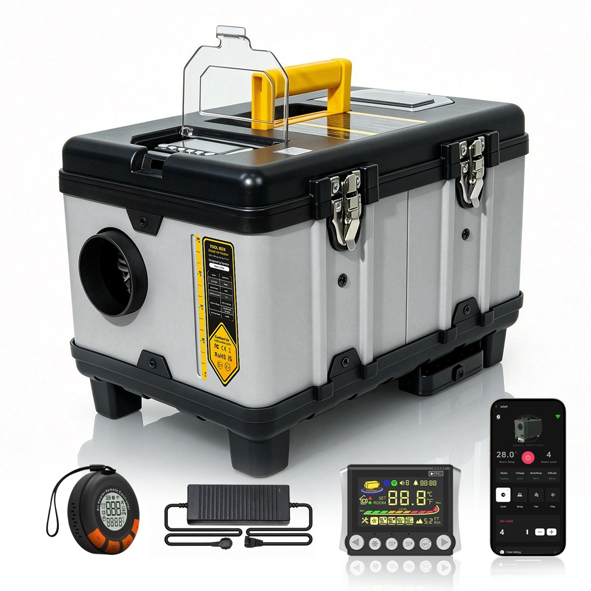 Sunster 8kW Dieselvärmare med CO-larm, Bluetooth & App-styrning, 12V/24V & 110–240V, Portabel luftvärmare med LCD för bil, lastbil